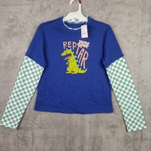 Juniors Blue Reptar Graphic T-Shirt Long Sleeve Checkered size XS